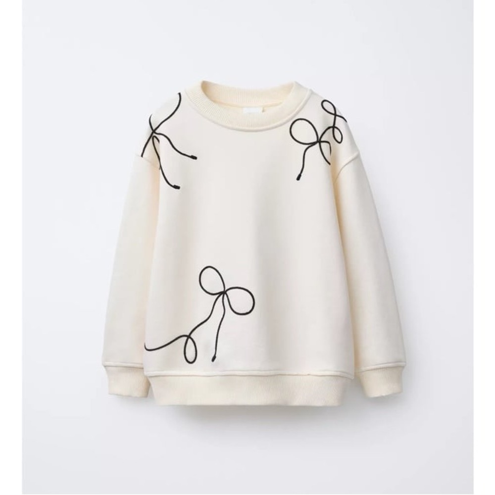 NWT Zara Girls Crewneck Embroidered Bows Pullover Sweatshirt Ivory Sz 11 / 12